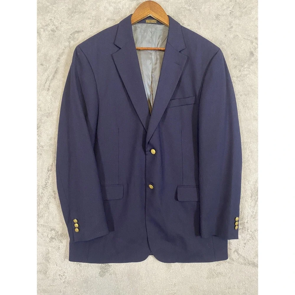 Stafford Blazer Men 42L Navy Blue Wool Blend Gold Button Classic Academia Preppy